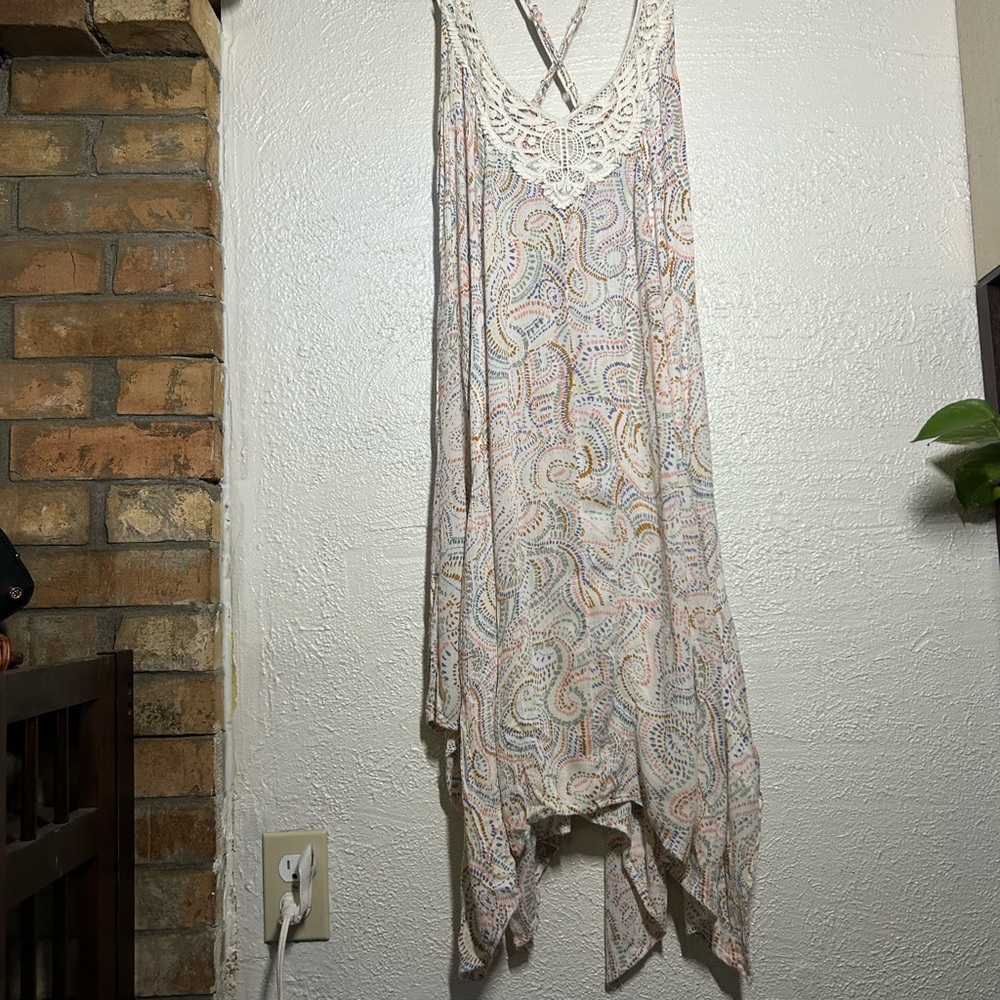 Cost Plus World Market Cream Paisley Asymmetrical Sundress with Crochet Trim